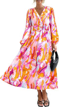 Women's Floral Midi Dress V Neck Long Sleeve - Flowy Boho Fit