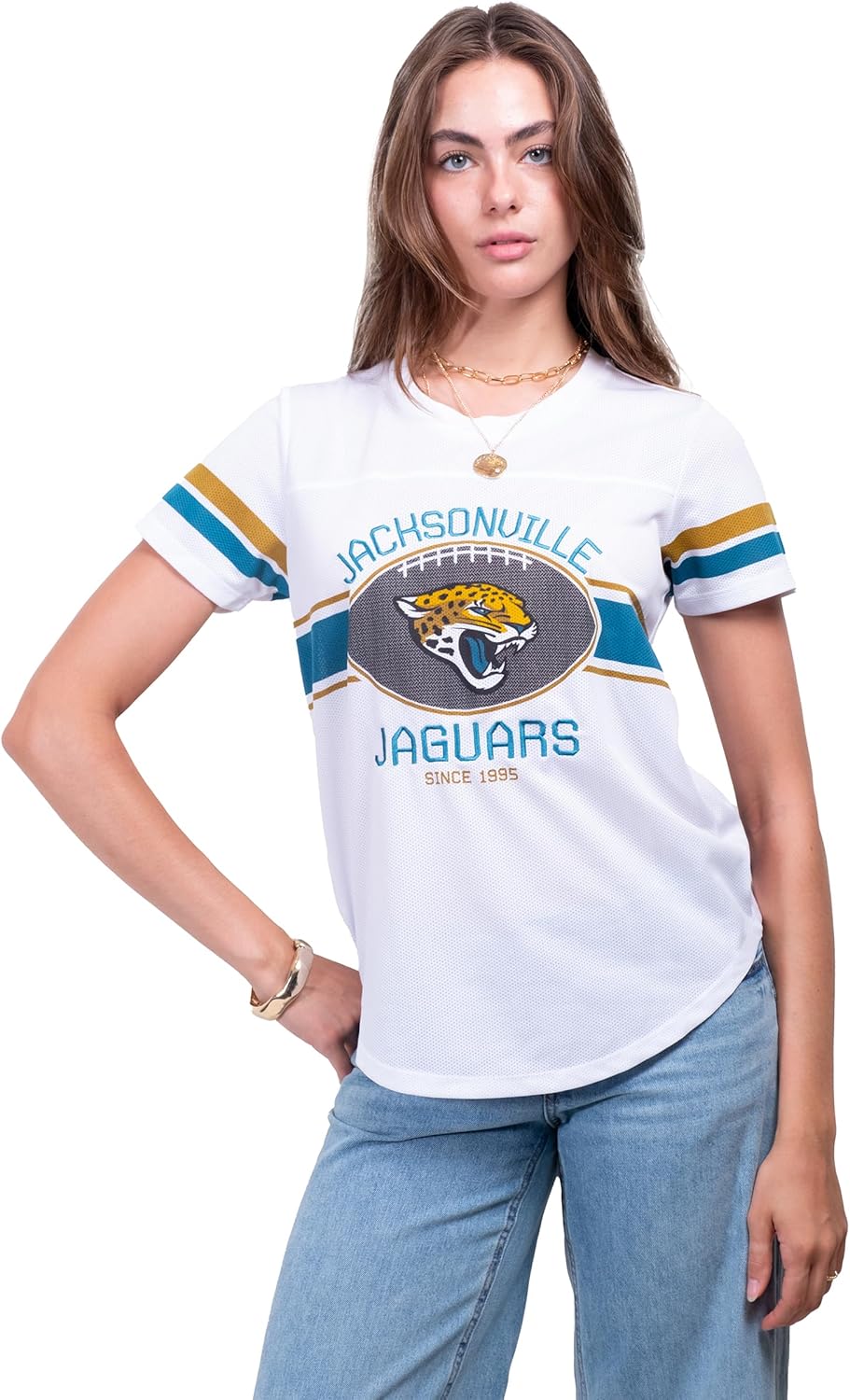 Ultra Game Women's NFL Official Soft Mesh Varsity Stripe T-Shirt