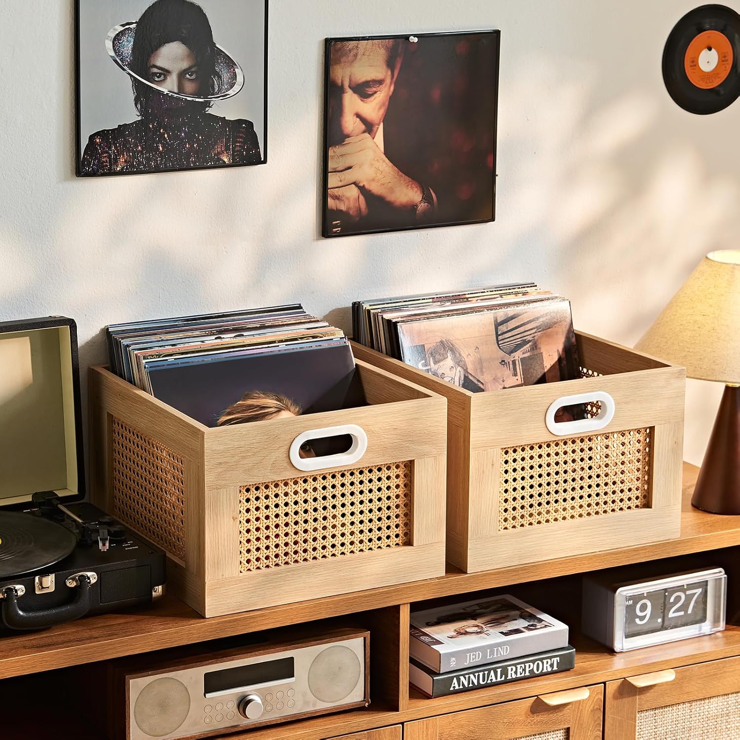 Stylish Rattan Vinyl Record Storage Crate for 150 LPs