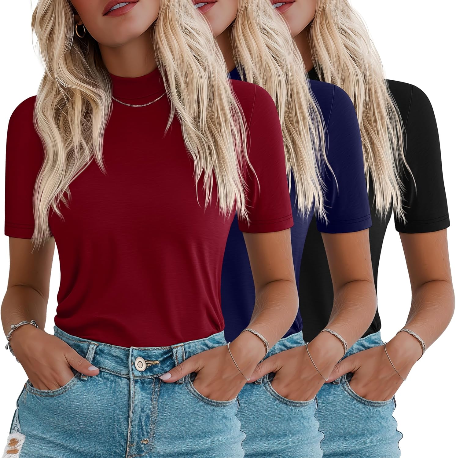 Ficerd 3 Pack Women's Half Sleeve Mock Turtleneck Shirts