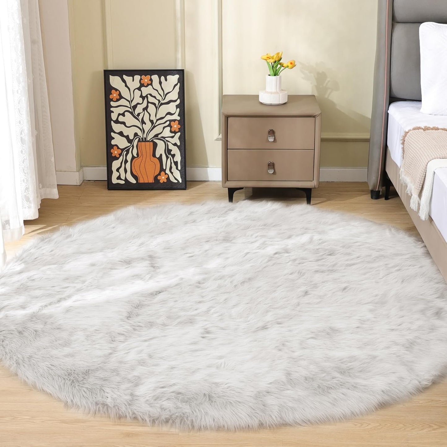White Shag Round Rugs 6ft Washable Faux Sheepskin for Home