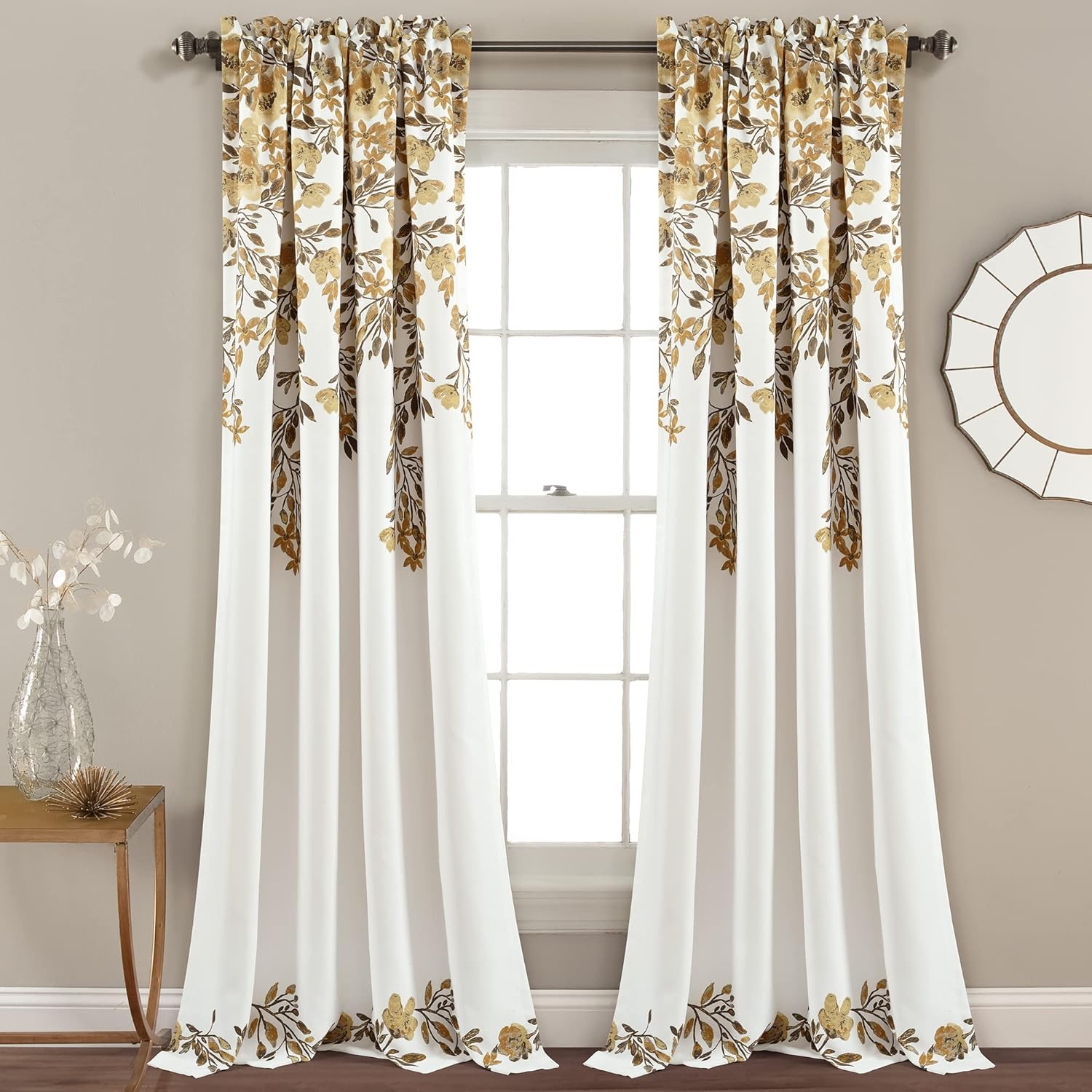 Elegant Floral Vine Print Curtains - Light Filtering Panel Set