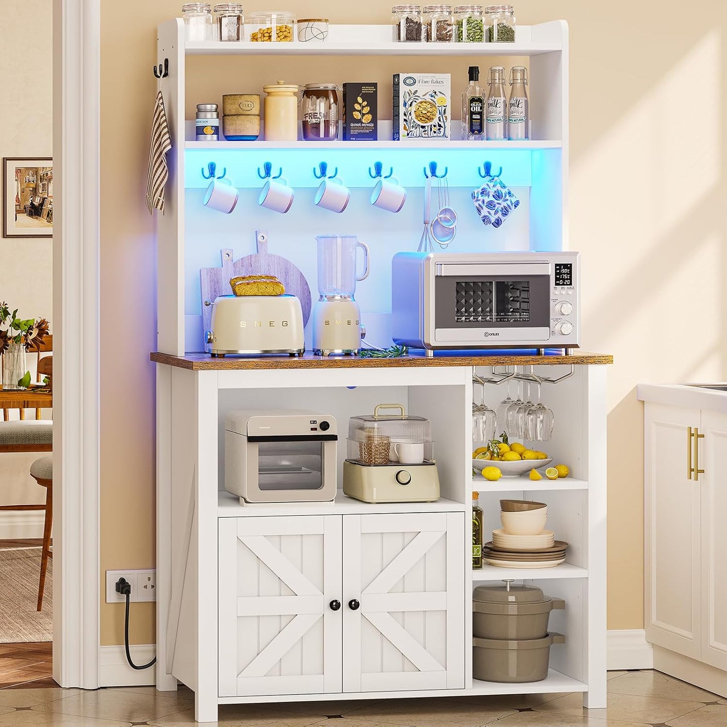 Itaar Farmhouse Bakers Rack with Power Outlet and LED Lights