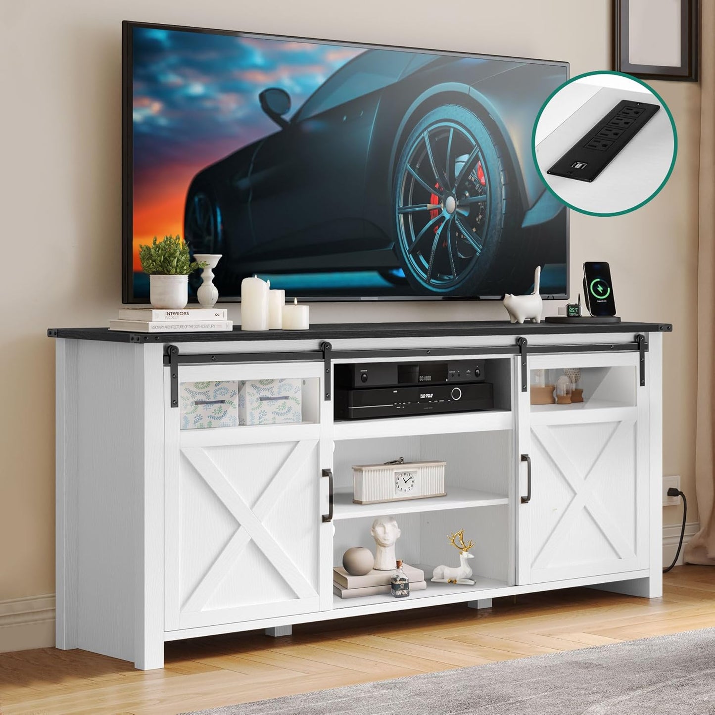DWVO Farmhouse TV Stand - Power Outlets, Sliding Doors, Adjustable Shelves