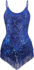 Women Sequins Fringe Bodysuit - Sparkly Tassel Dance Leotard