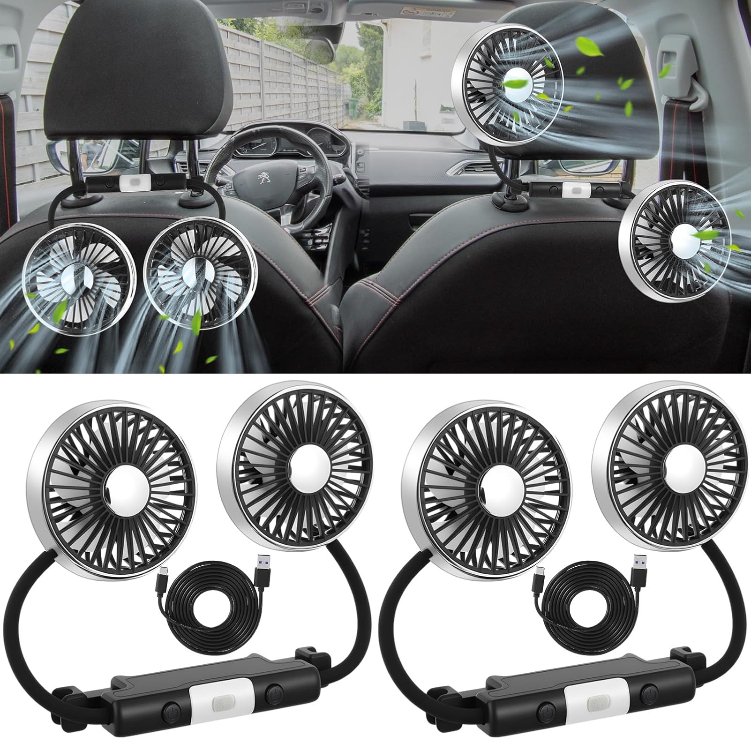 Dual Backseat Cooling Fan with LED Light for Car and SUV