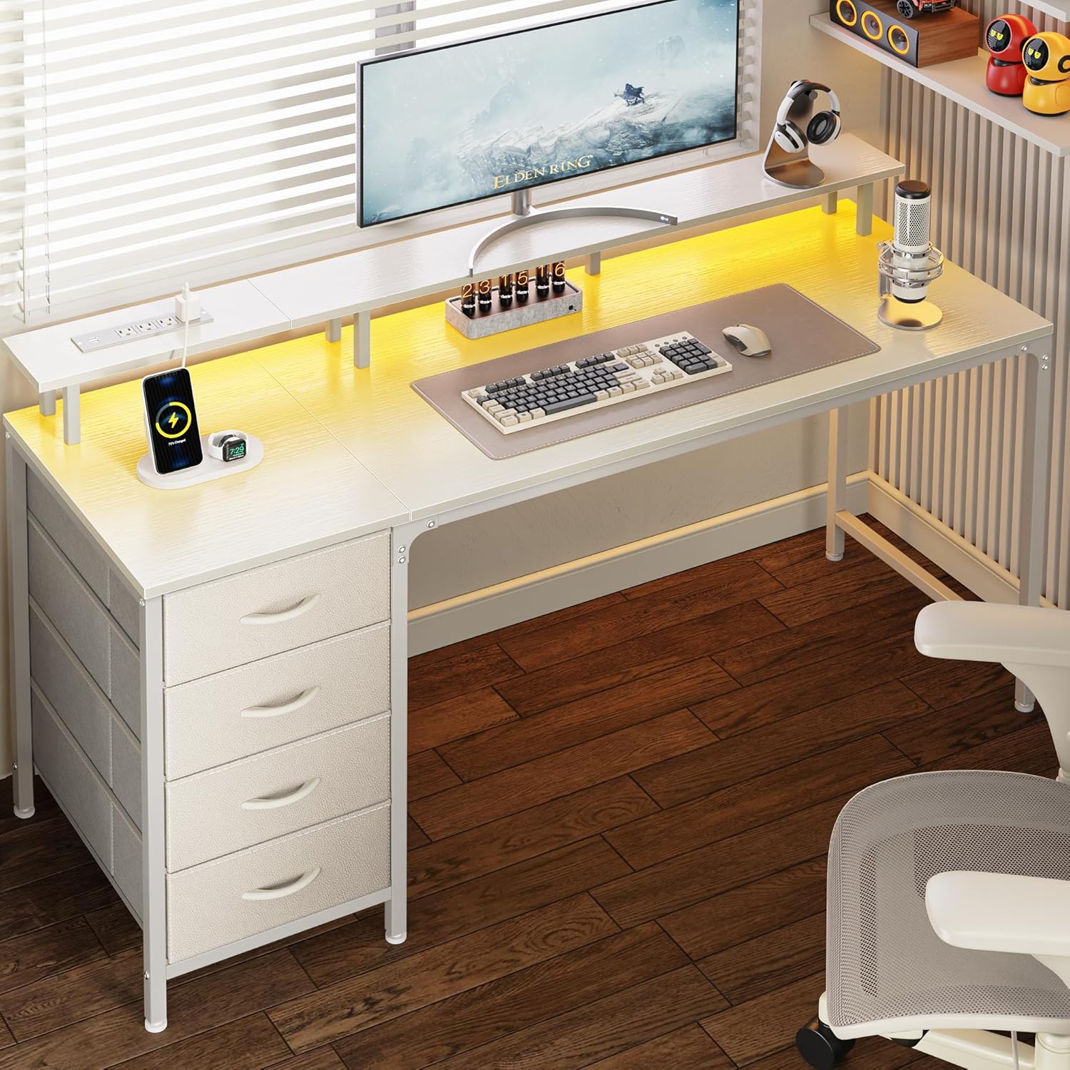 Huuger 55 Inch Computer Desk with LED Lights and Power Outlets