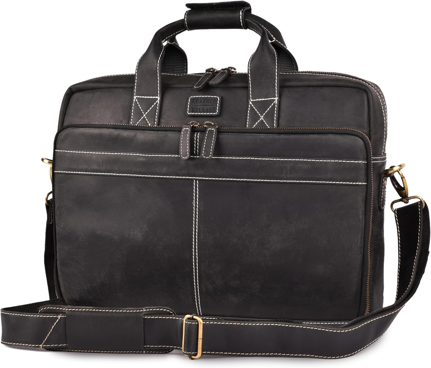 16 in Leather Laptop Messenger Briefcase Bag for Men - Black