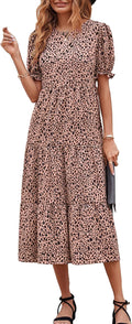 Summer Floral Boho Midi Sun Dress - Flowy Puff Sleeve Midi Romantic