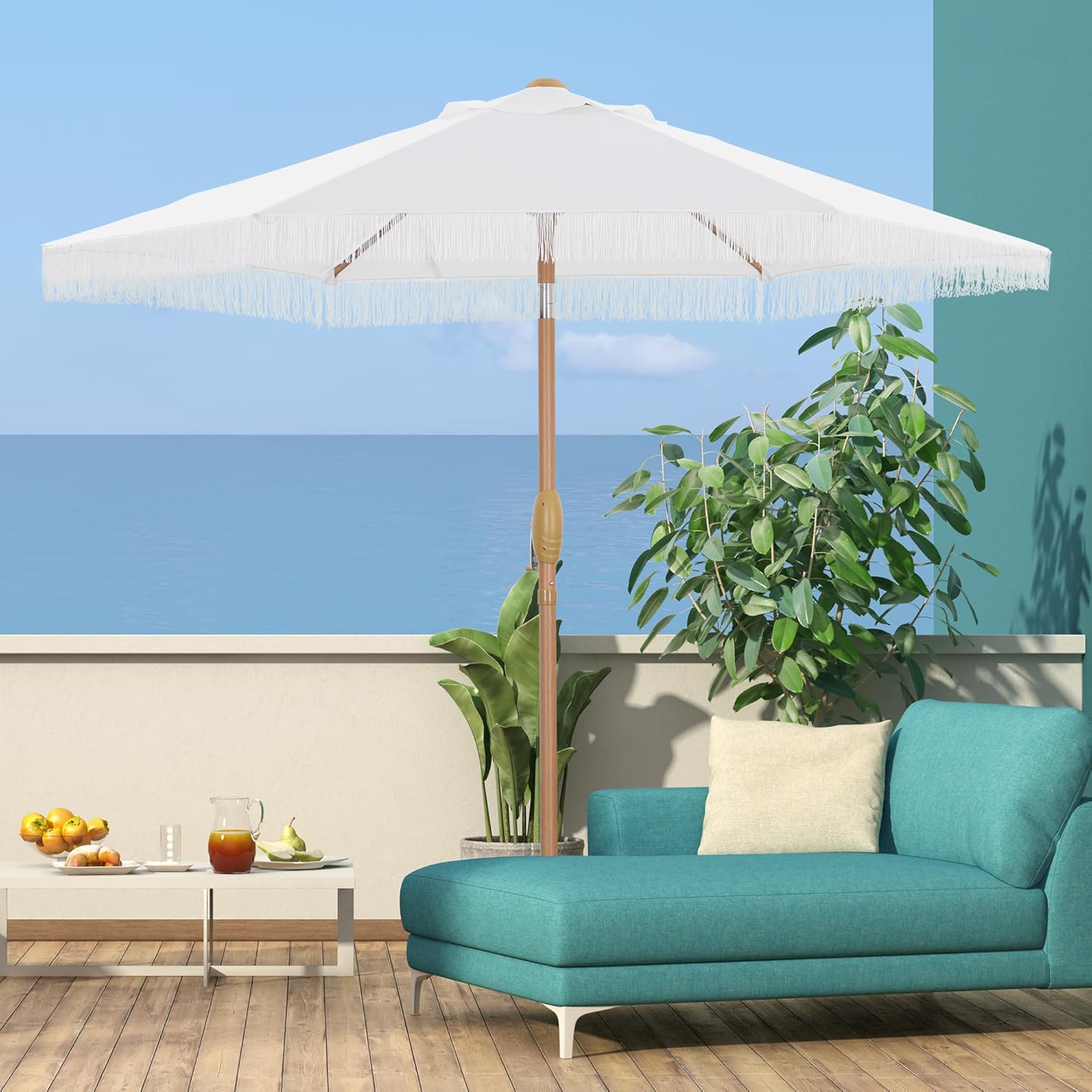 GDY 7.5FT Tassel Patio Umbrella with Push Button Tilt & Crank