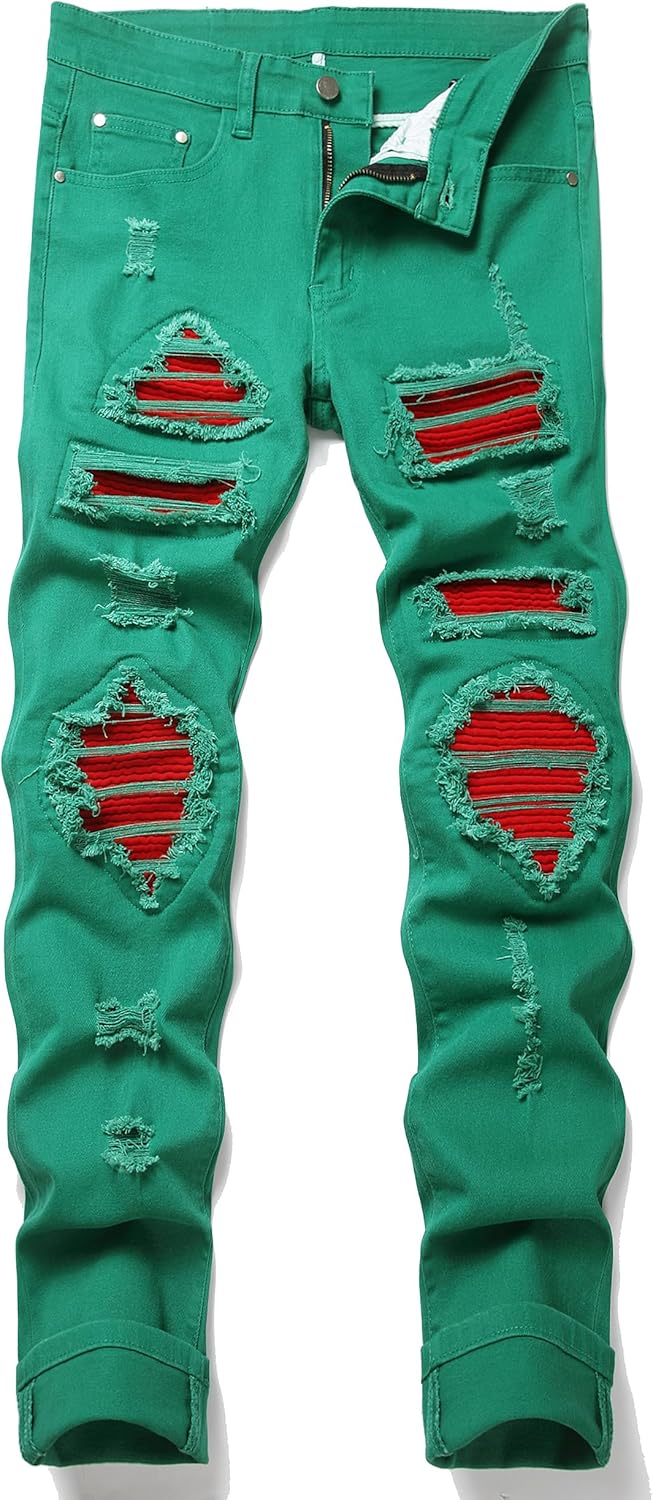 Men's Ripped Patch Elastic Jeans for Fashionable Slim Fit Style
