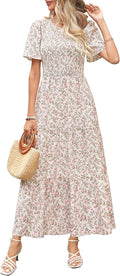 Maggeer Womens Smocked Floral Maxi Dress - Flowy, Comfortable Fit