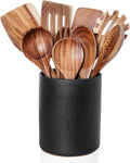 Wooden Cooking Utensils Set with Holder - Teak 10-Piece