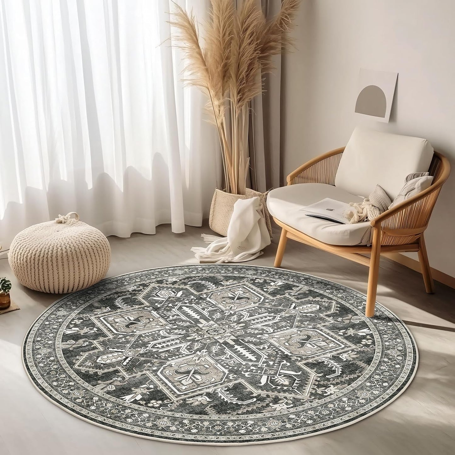 WITSHOCK Round Area Rug 4Ft Soft Vintage Non-Slip Design