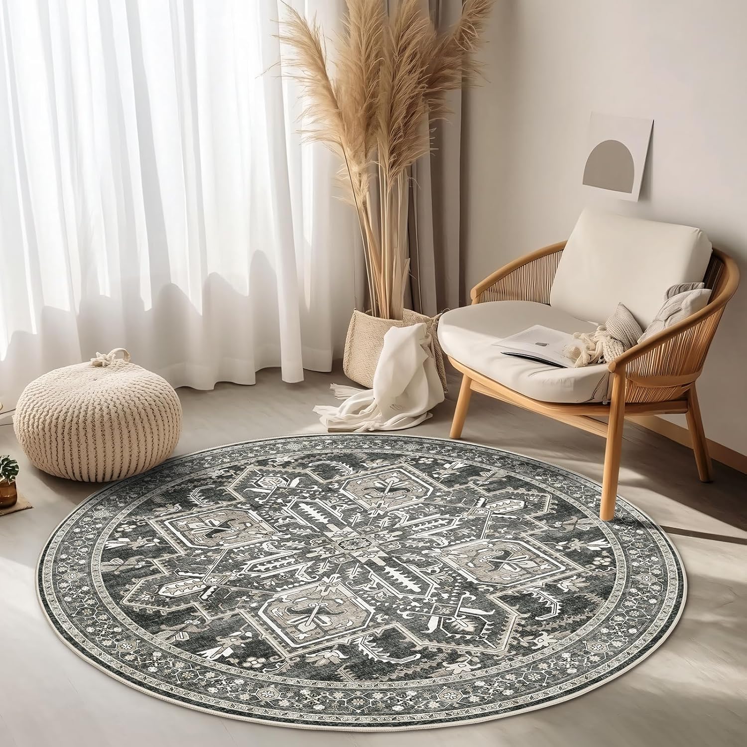 WITSHOCK Round Area Rug 4Ft Soft Vintage Non-Slip Design