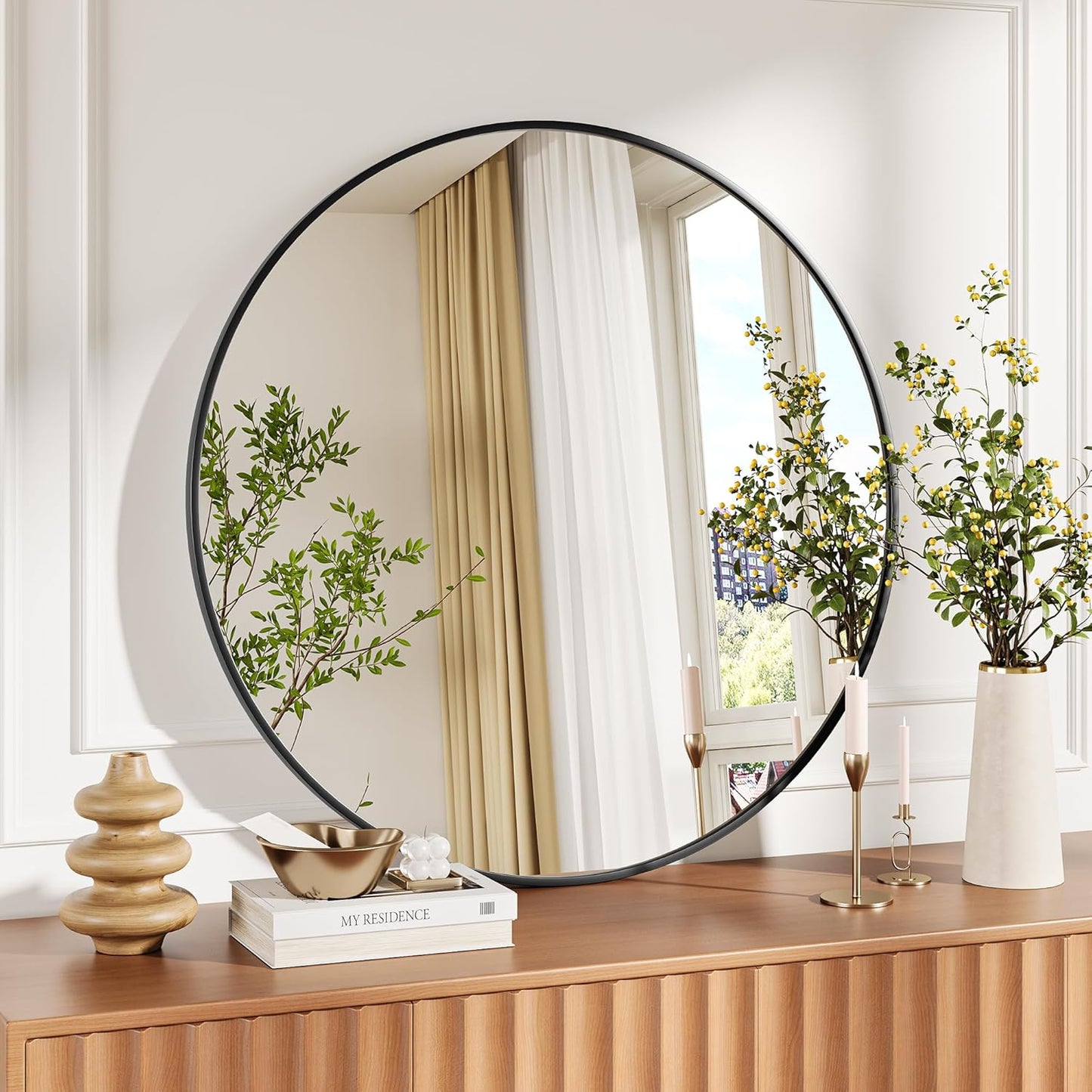 IDEALHOUSE 30Inch Black Round Wall Mirror for Modern Decor