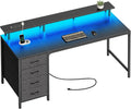 Huuger 55 in Black Gaming Desk with LED Lights and 4 Drawers - Desk