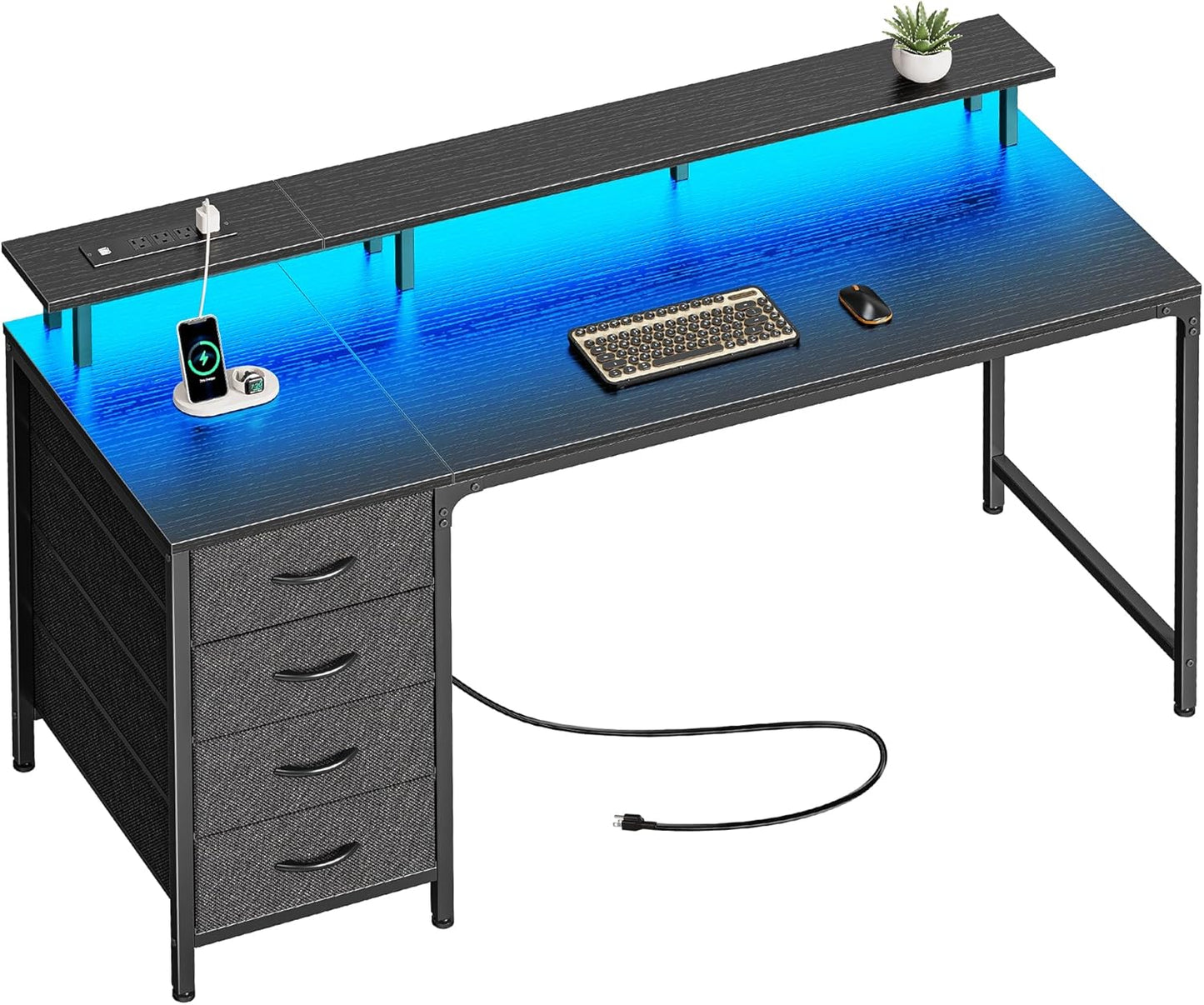 Huuger 55 Inch Computer Desk with LED Lights and Power Outlets