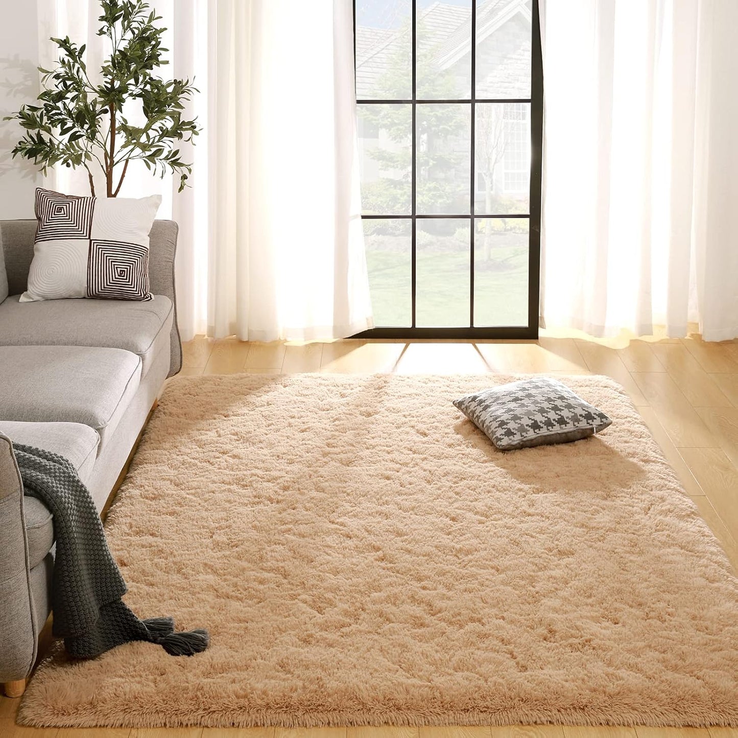 Beige Fluffy Living Room Rugs for Cozy Bedroom Decor