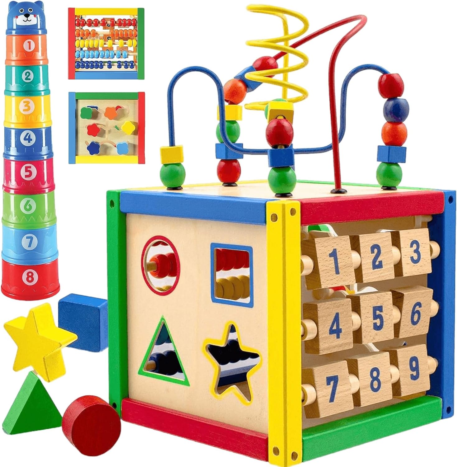 Wooden Activity Play Cube 6 in-1 for Baby with Bead Maze