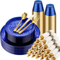 Blue Gold Plastic Plates Dinnerware Set 175pcs - Elegant Party Plates