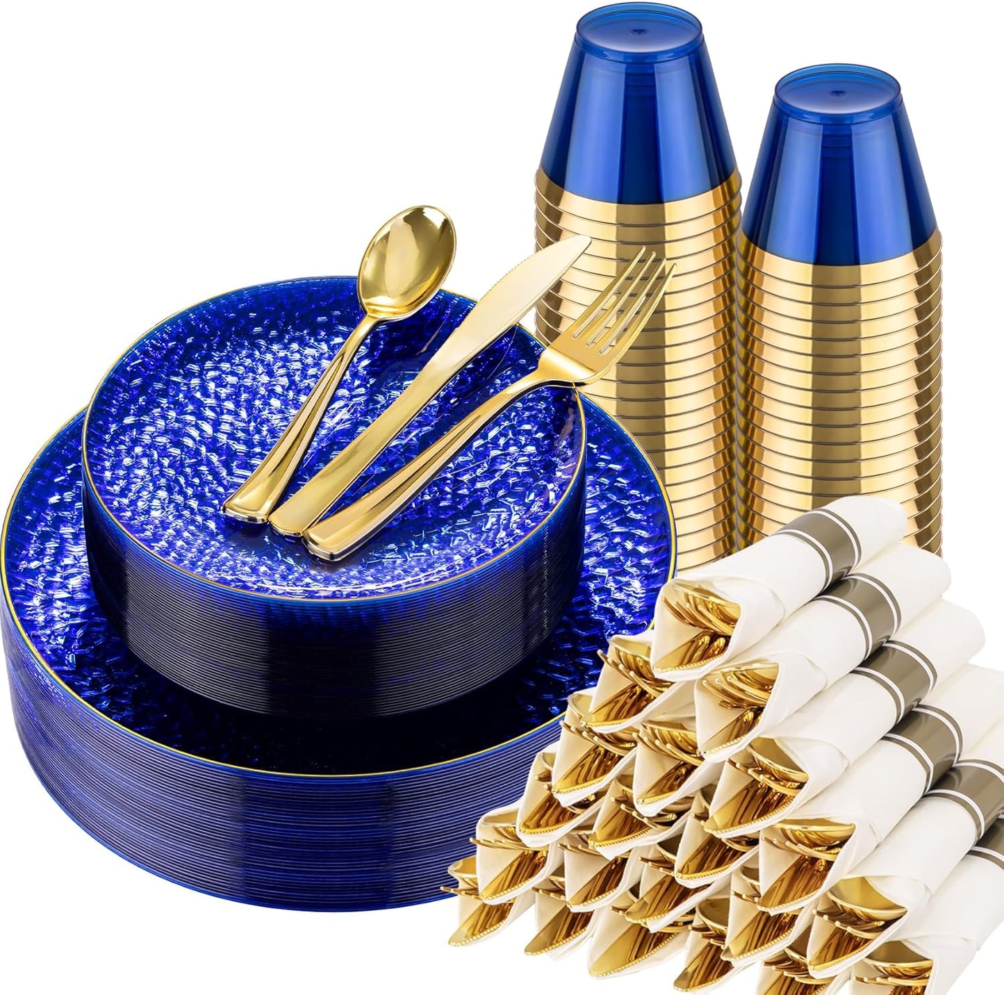 Hioasis 175pcs Blue Gold Plastic Plates for Elegant Events