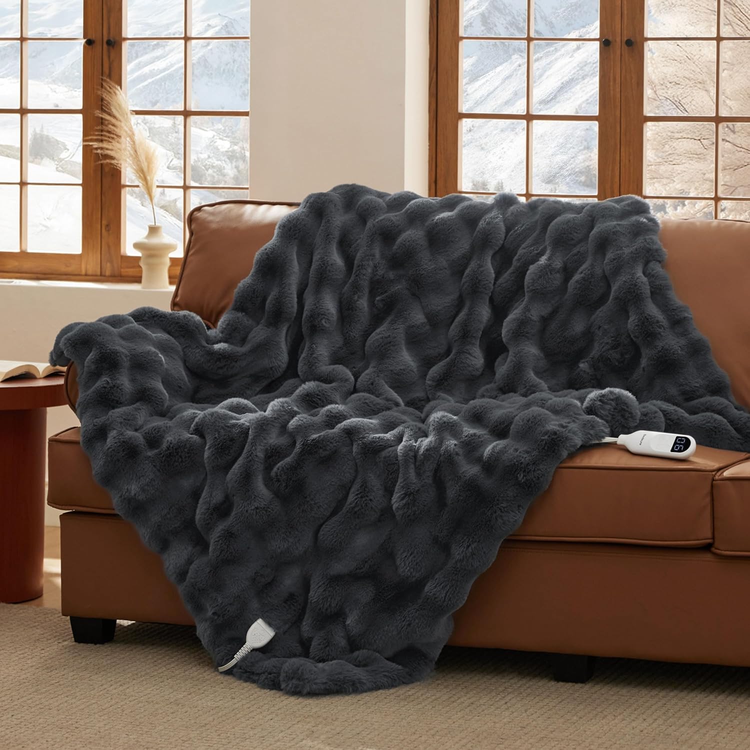 Fluffy Bubble Faux Fur Heated Blanket for Cozy Comfort