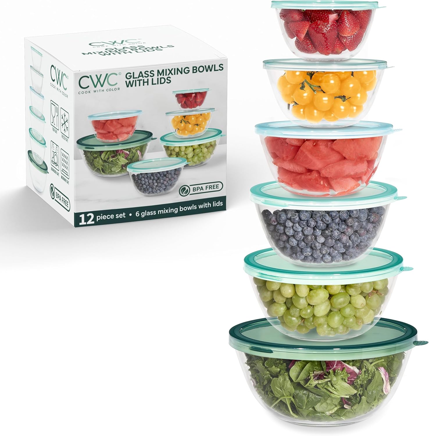 COOK WITH COLOR 12 Pc Glass Mixing Bowl Set for Meal Prep