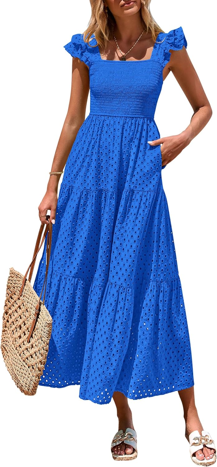 PRETTYGARDEN Womens Summer Square Neck Maxi Dress with Pockets