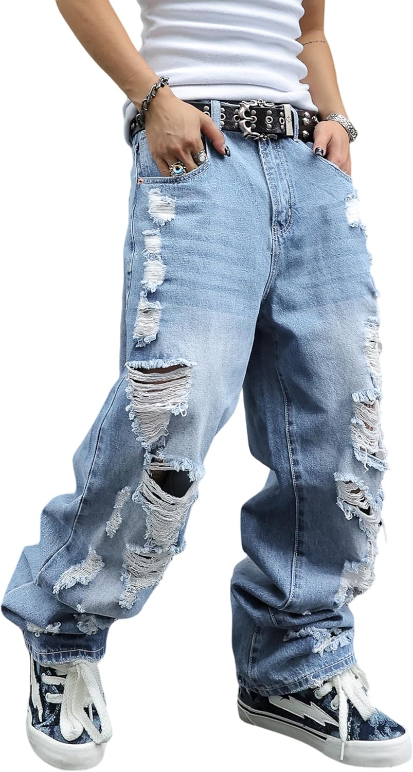 Men's Non-Stretch Loose Fit Wide-Leg Baggy Jeans for Comfort