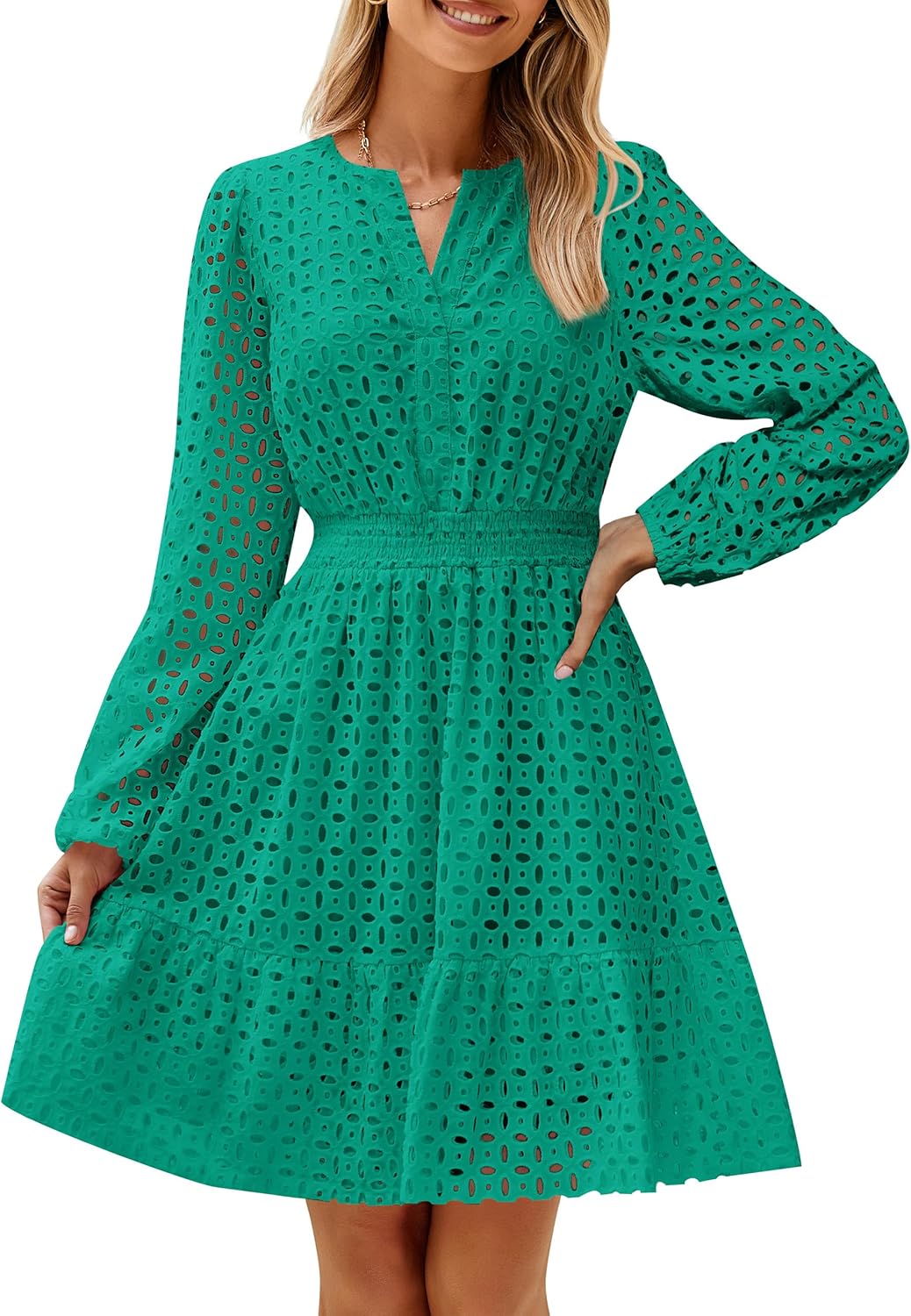 ZESICA Women's Long Sleeve Mini Dress with Eyelet Embroidery