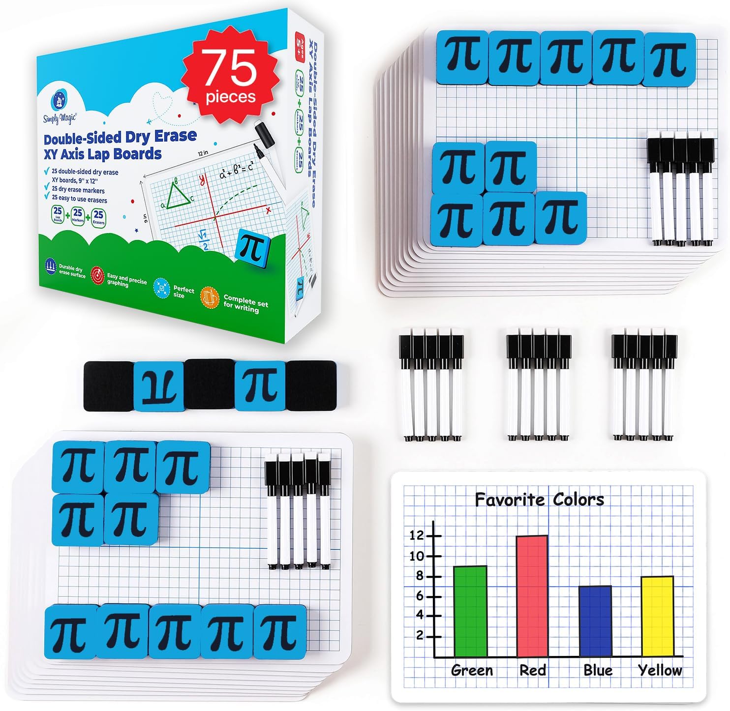 25 Pack Double-Sided Dry Erase Graph Lap Boards for Students