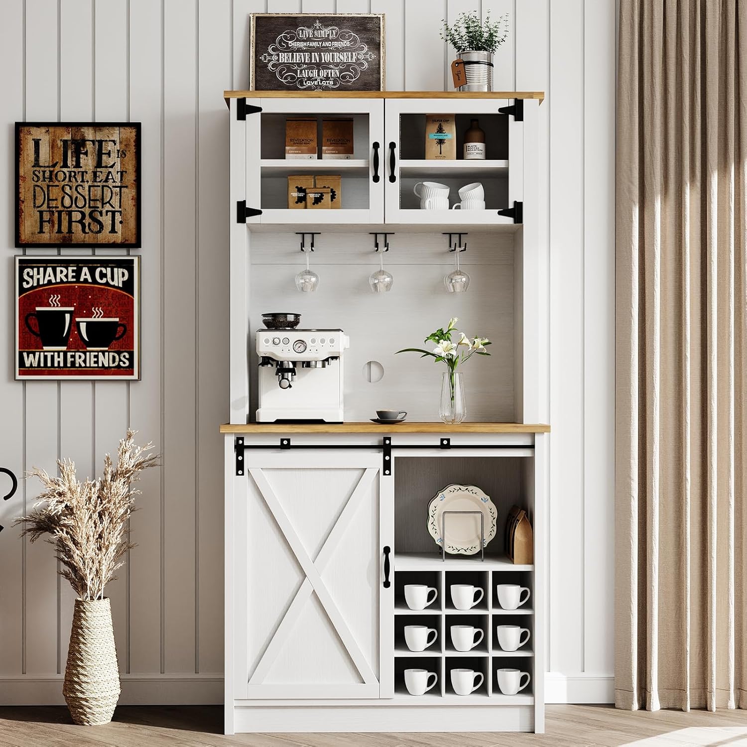 Farmhouse Coffee Bar Cabinet with Sliding Barn Door for Storage