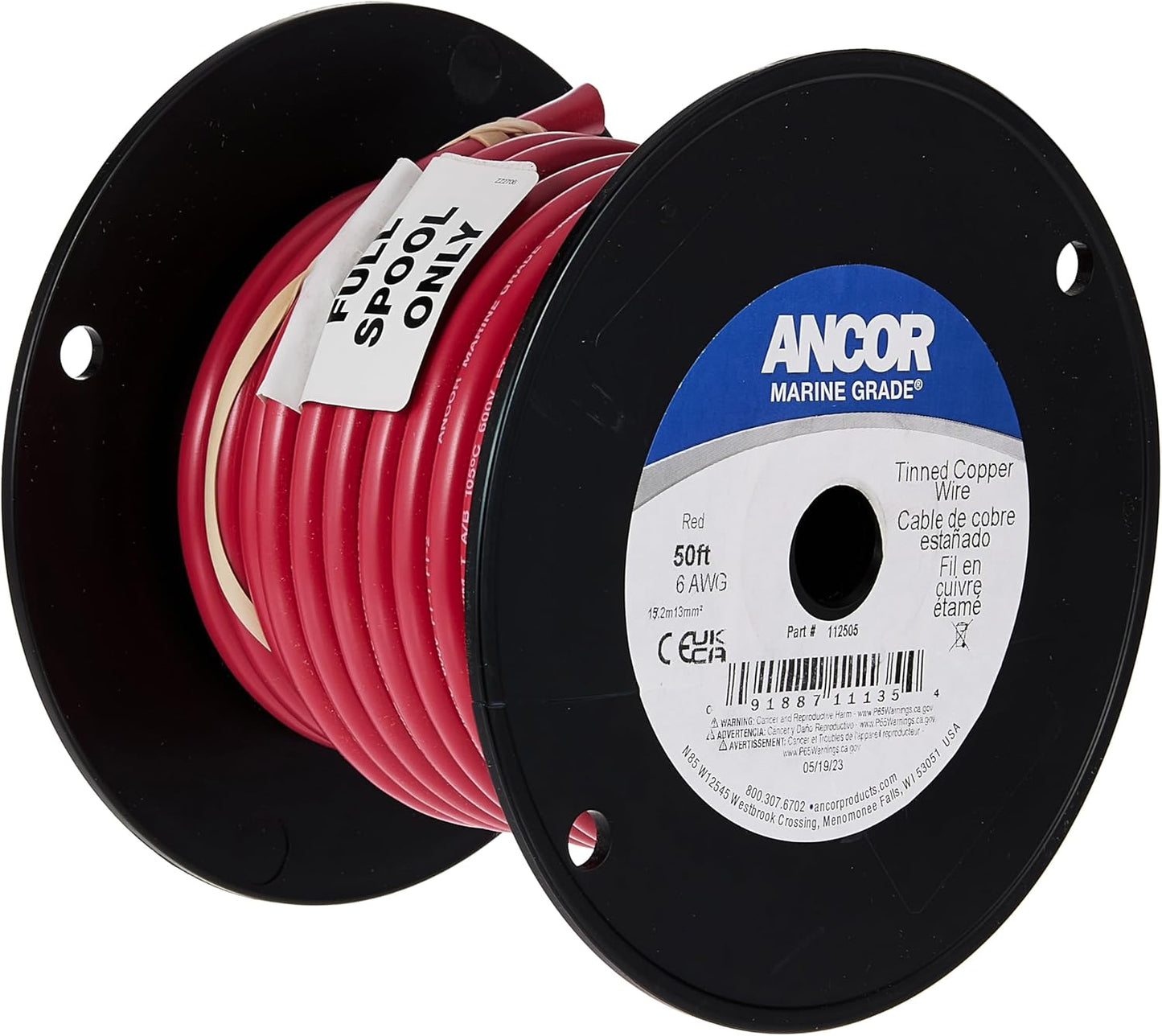 Ancor 6 AWG Tinned Copper Wire, 25ft Red Marine Grade Wire