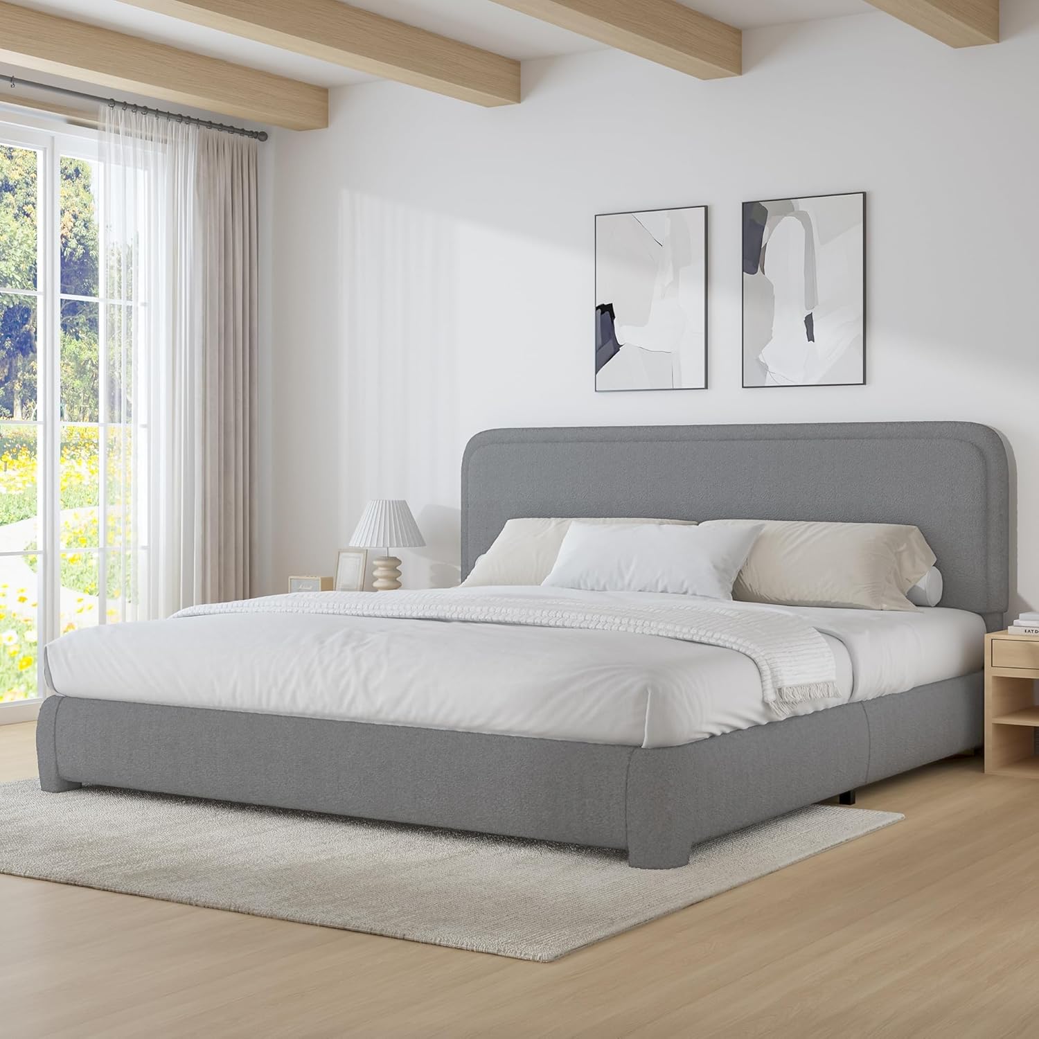 King Bed Frame with Headboard in Soft Boucle Upholstered Style