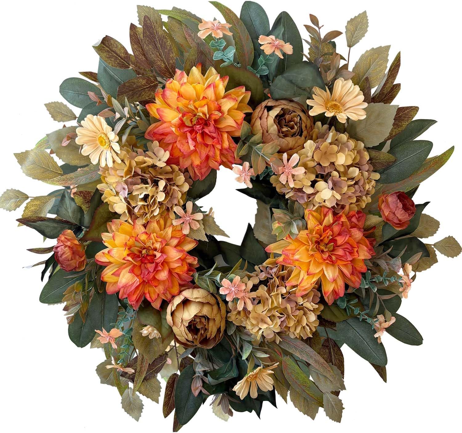 24 Inch Spring Fall Wreath for Front Door with Hydrangea & Peony