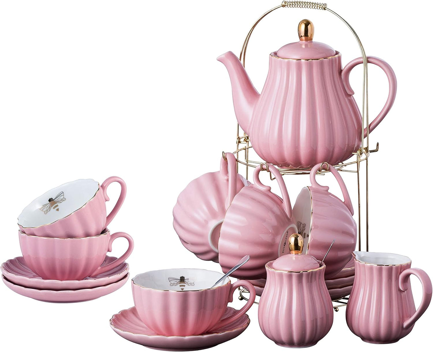 Jusalpha Fine China Pink Coffee Cup Set for 6 - 24 PC Tea Set