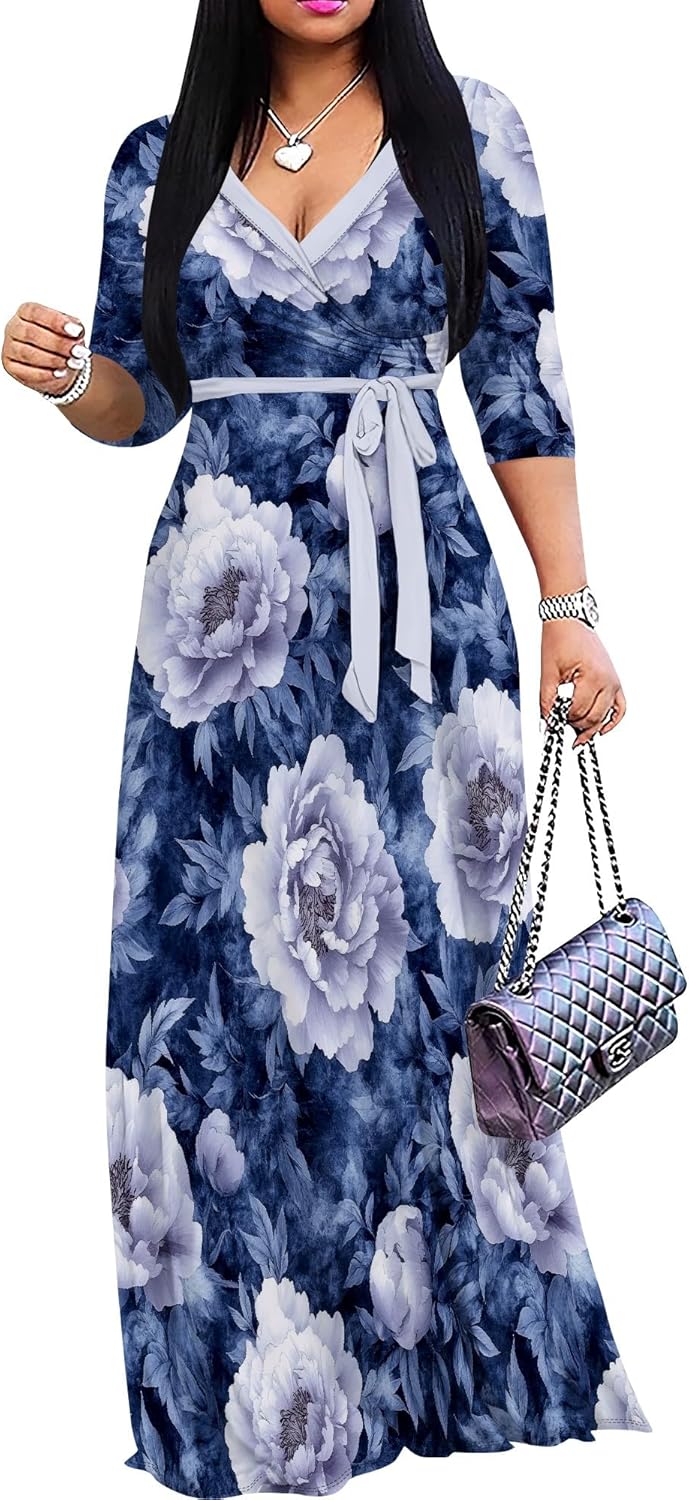 Plus Size Maxi Dresses for Women with 3/4 Sleeves and Belt