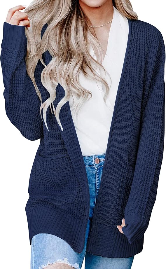 ZESICA Women's Casual Long Sleeve Open Front Waffle Knit Cardigan