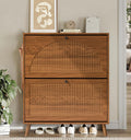 Narrow Walnut Shoe Storage Cabinet with 2 Flip Drawers - 12-16 Pair
