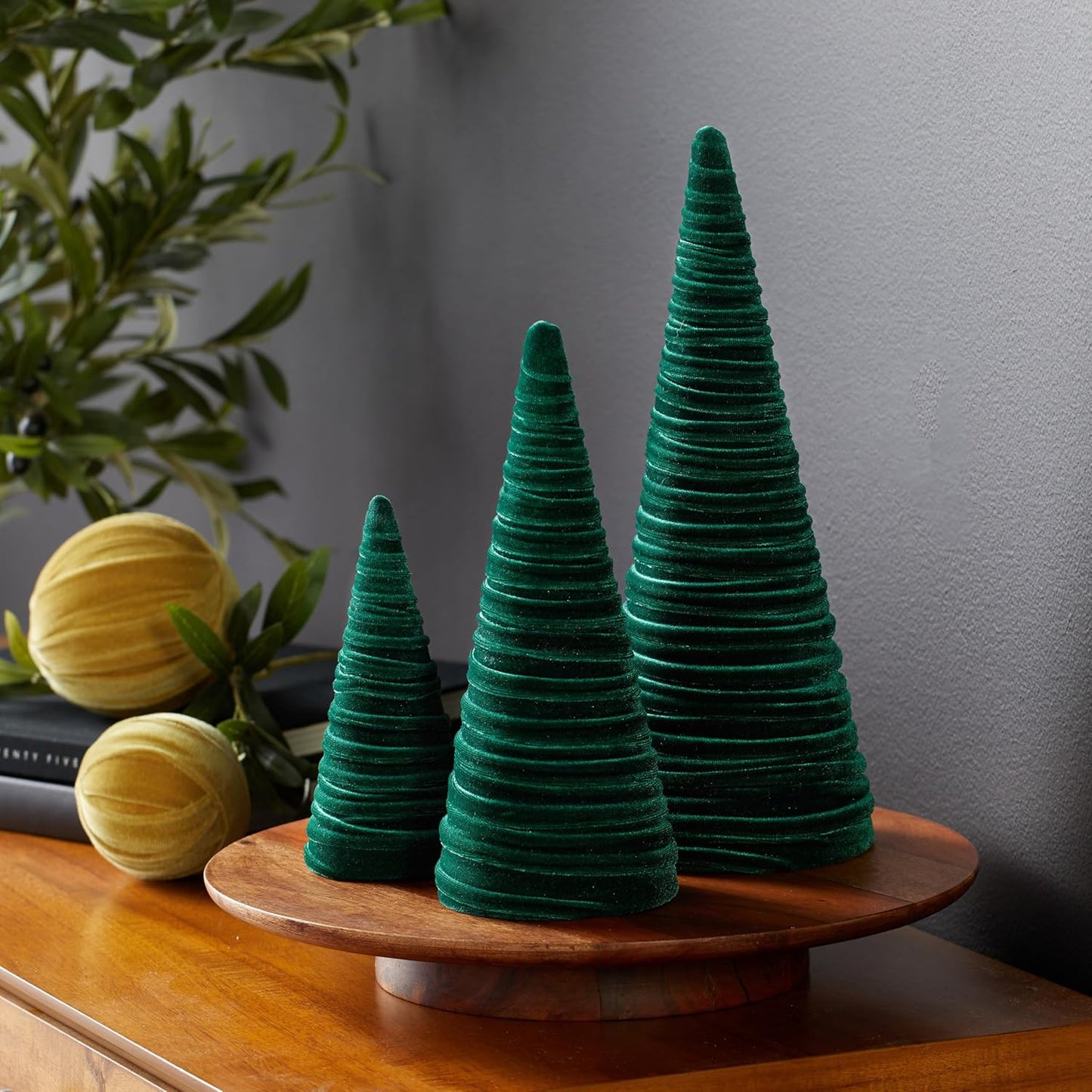 Emerald Velvet Cones Set of 3 for Cozy Farmhouse Decor