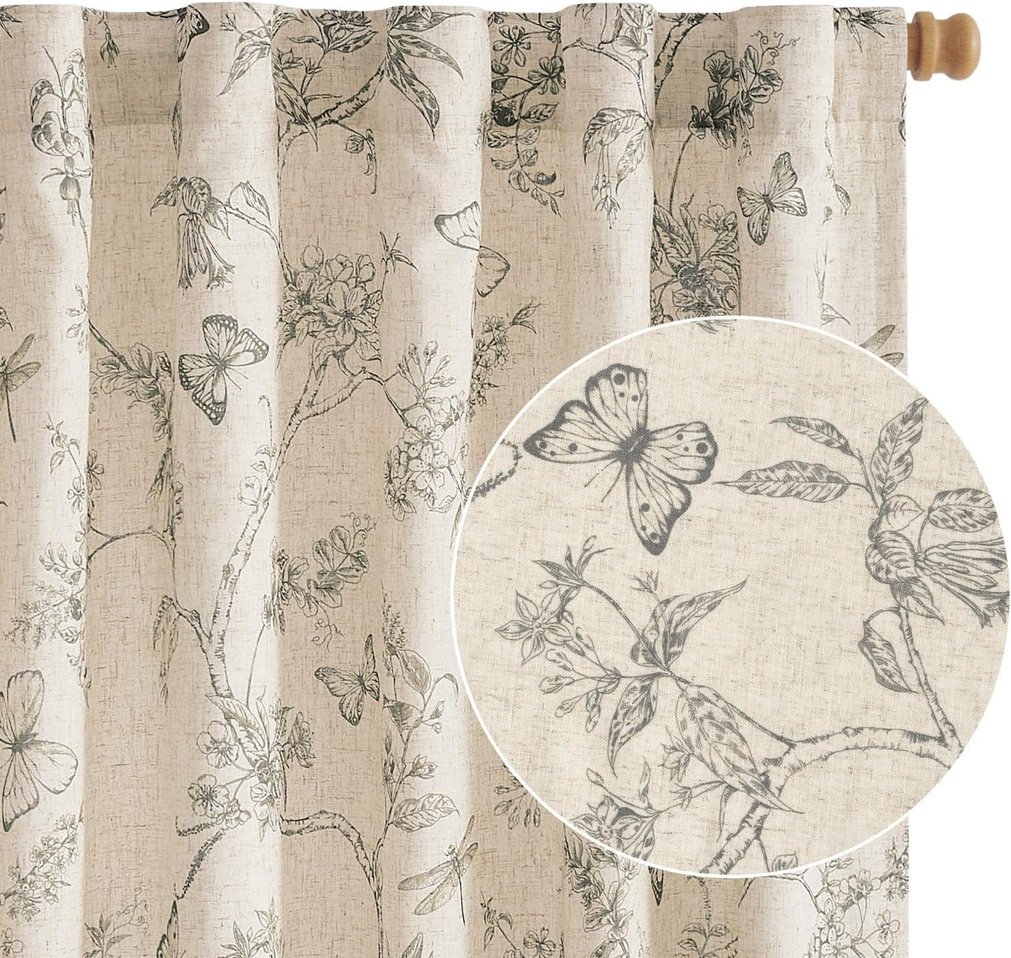 Lined Linen Farmhouse Grey Floral Curtains for Vintage Decor
