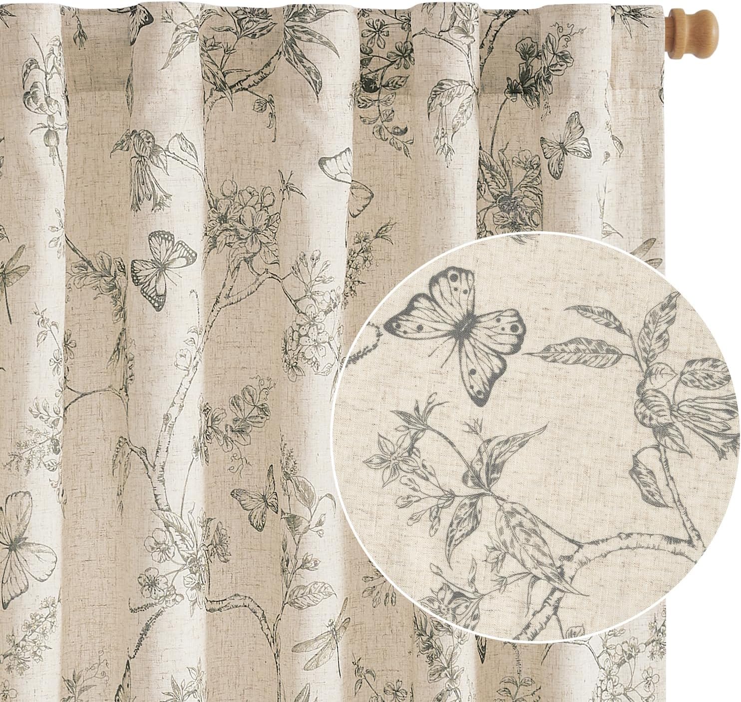 Lined Linen Farmhouse Grey Floral Curtains for Vintage Decor