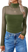 Women Long Sleeve Mesh Bodysuit Turtle Neck - Stretch Shapewear