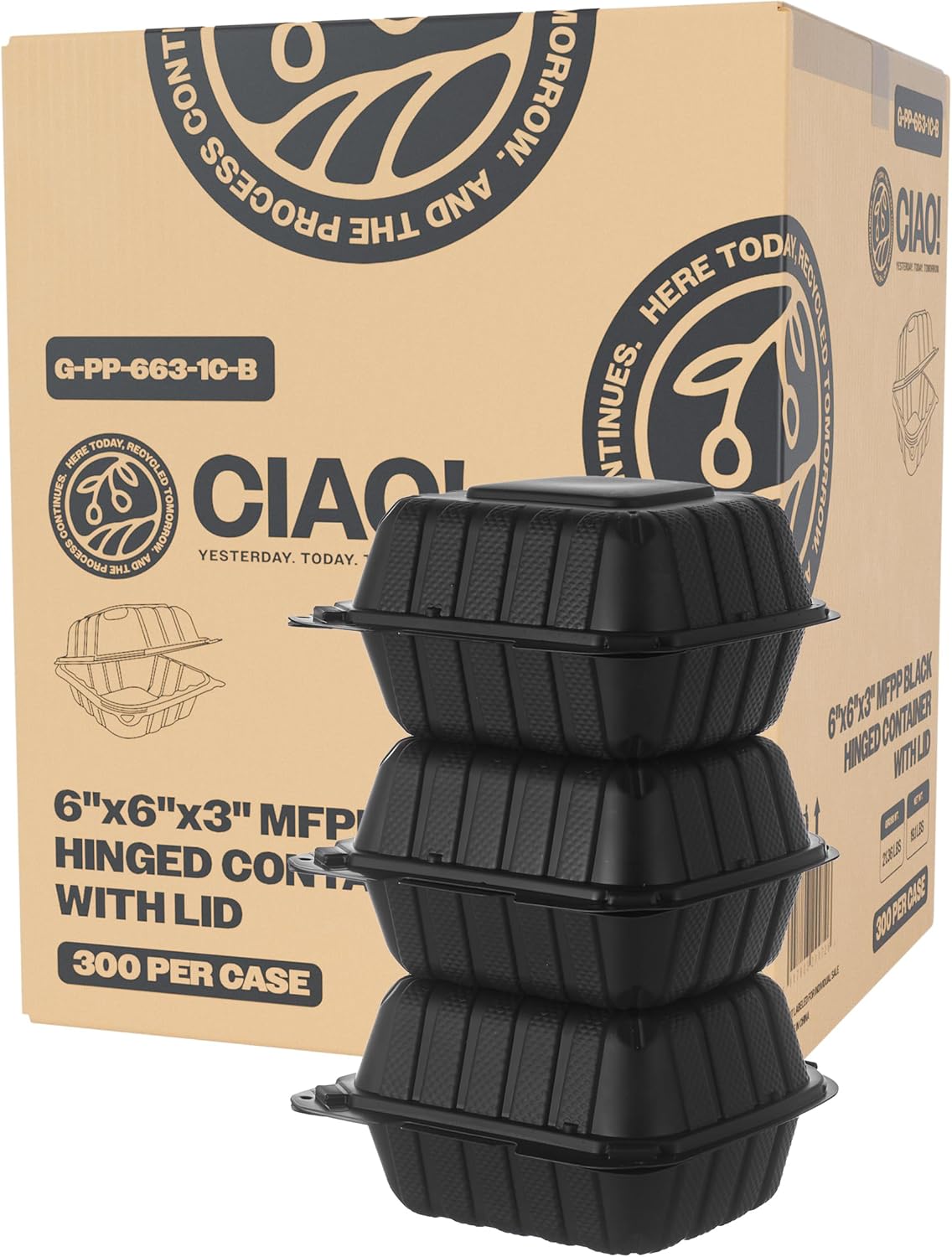 CIAO! 6x6x3 MFPP Black Hinged Container for Takeout Meals