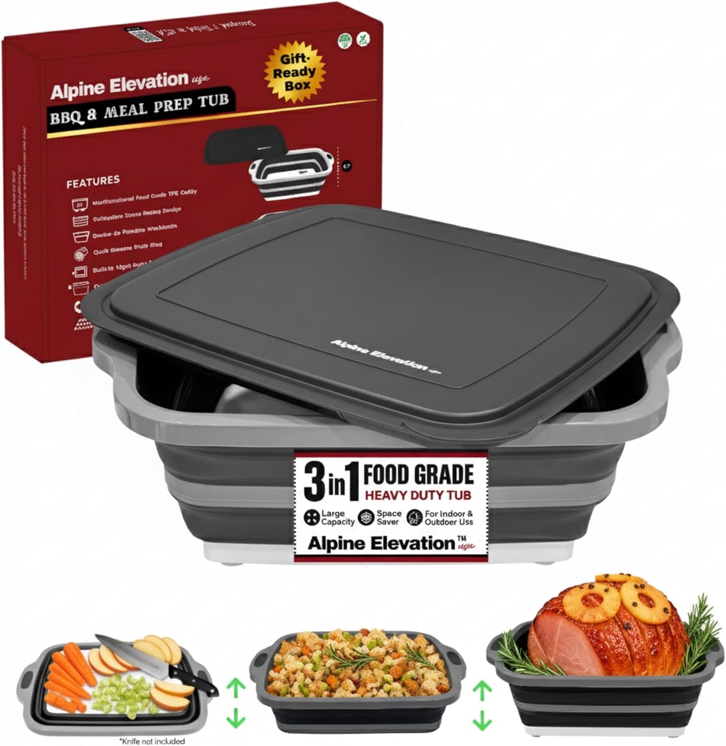 Collapsible Large BBQ Marinating Tub with Cutting Board - Slate Black