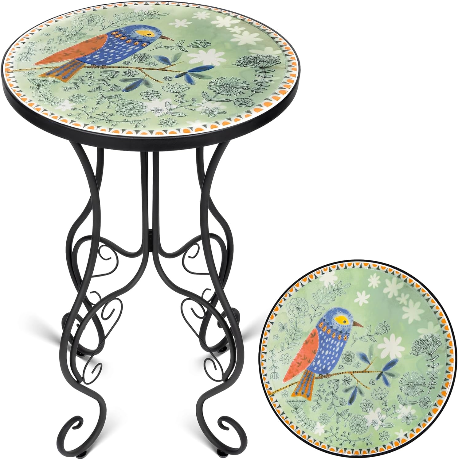 Mosaic Patio Table and Plant Stand with Hummingbird Design