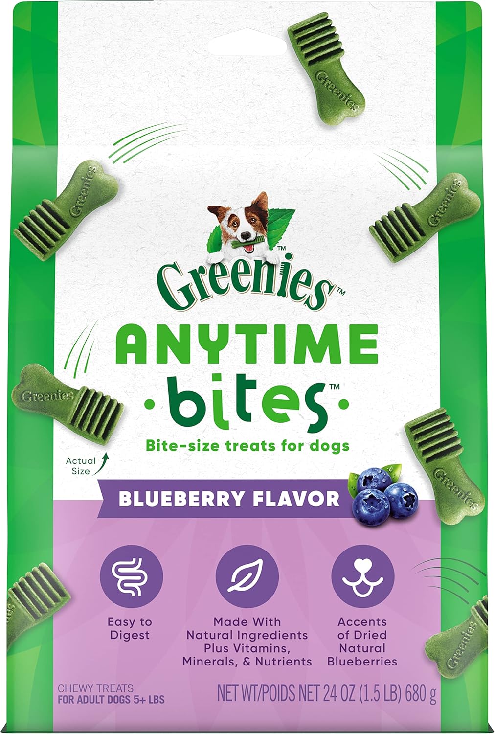Greenies Anytime Bites Dog Treats in Blueberry Flavor Delight