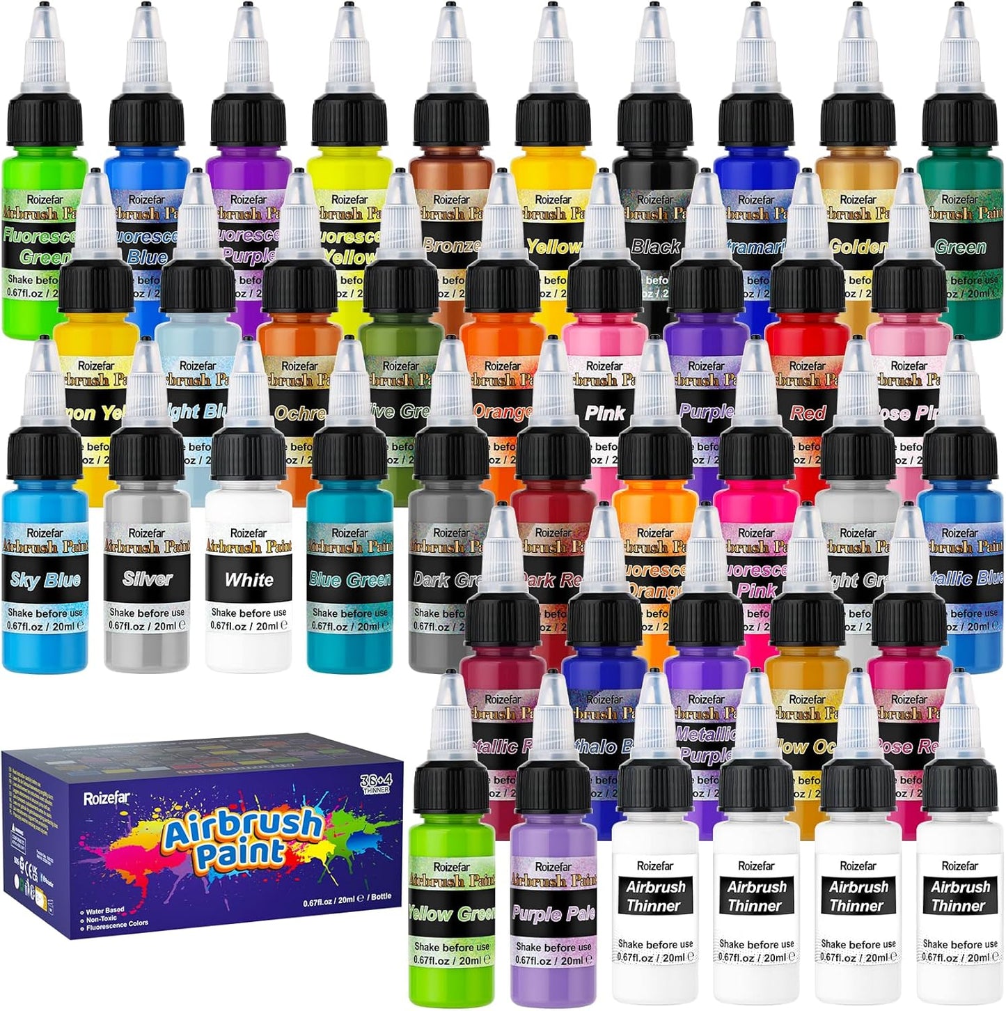 Roizefar Airbrush Paint Set: 36 Colors, Metallic & Neon, Ready to Spray