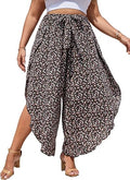 Plus Size Floral High Waist Tie Front Split Wide Leg Pants - Flowy